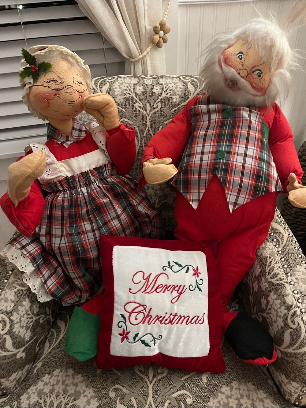AnaLee Holiday Mr. & Mrs. Santa Doll Set - Red Plaid and Pillow